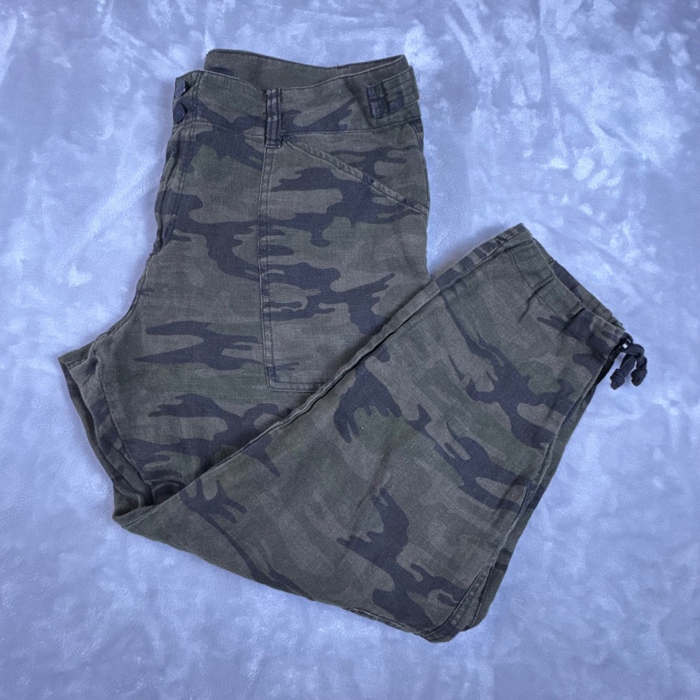 Sanctuary x Anthropologie Camo Linen Cargo Pants Green Size 30 Utility Cinch Hem